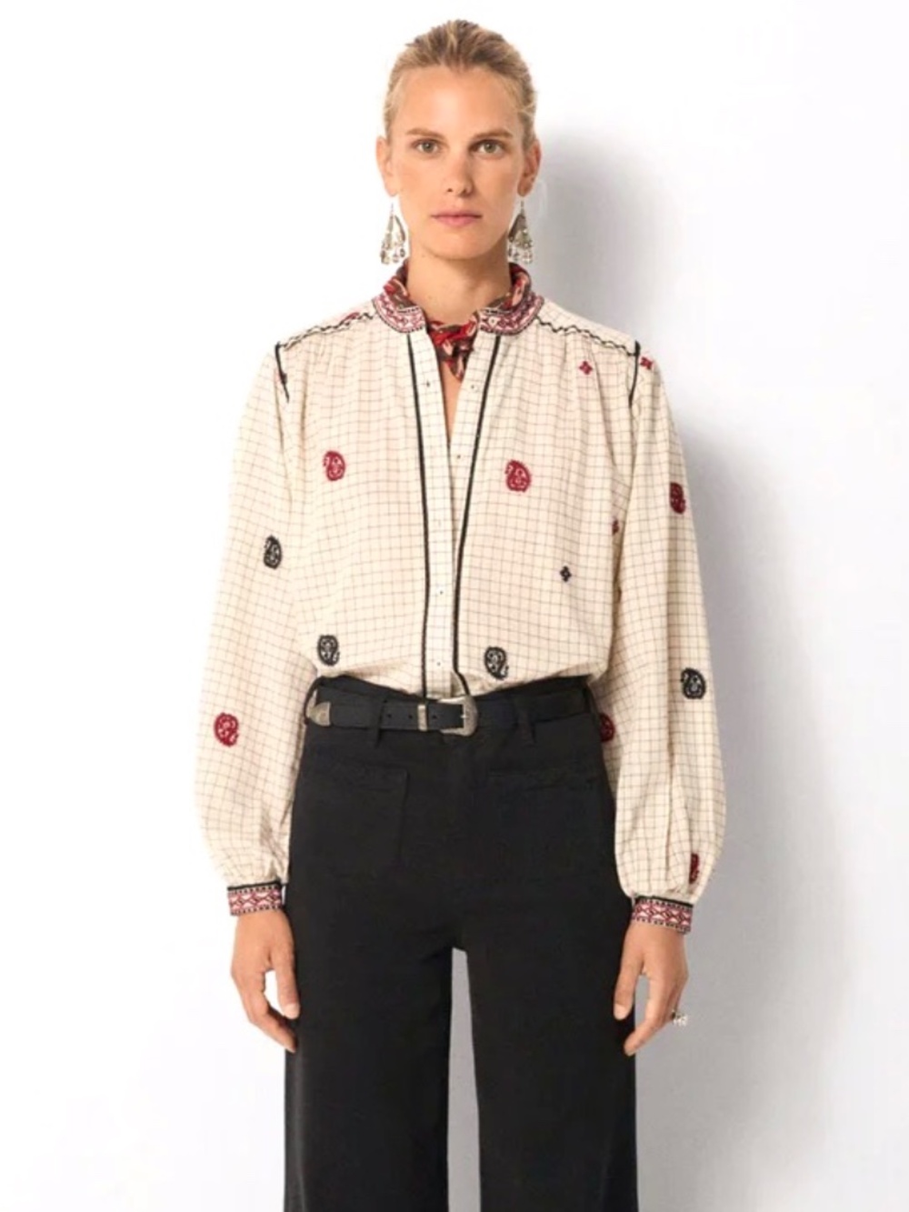 MAISON HOTEL The Colette Blouse in Ivory Checks - S